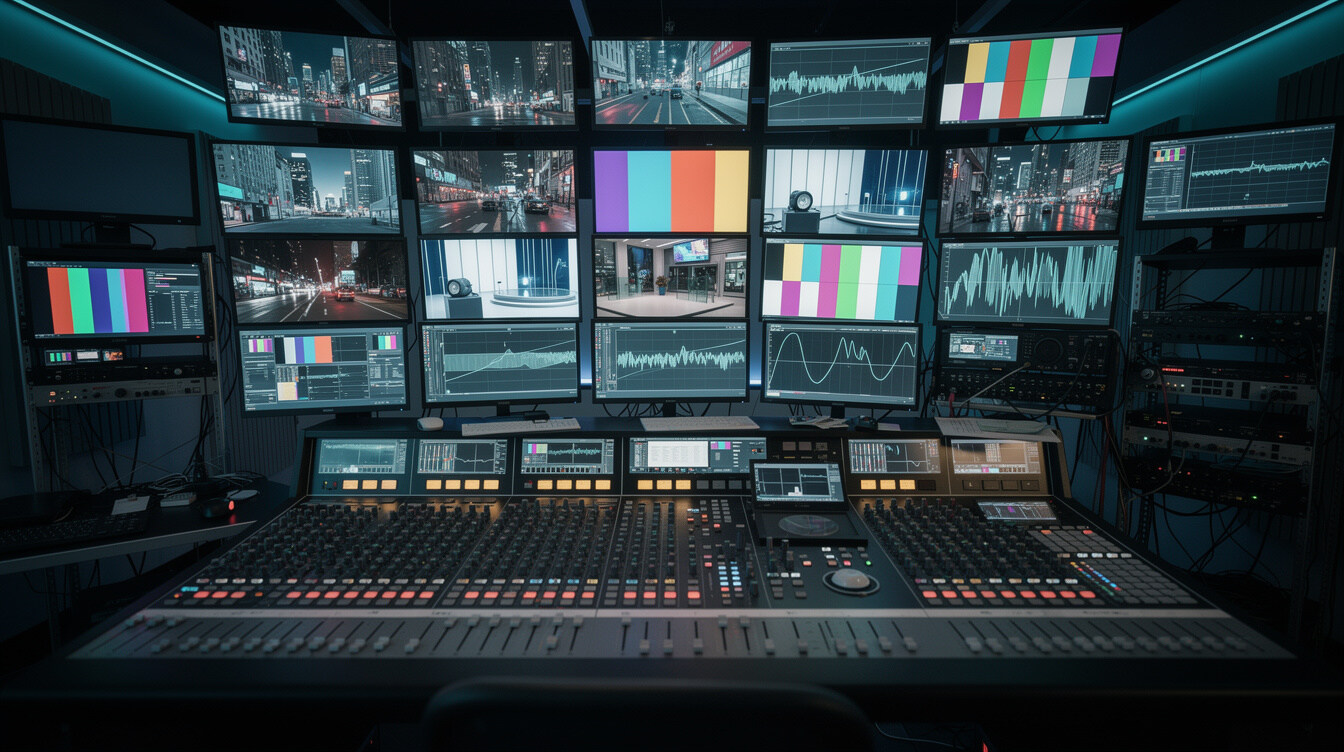Broadcast control room with rows of monitors showing live video feeds