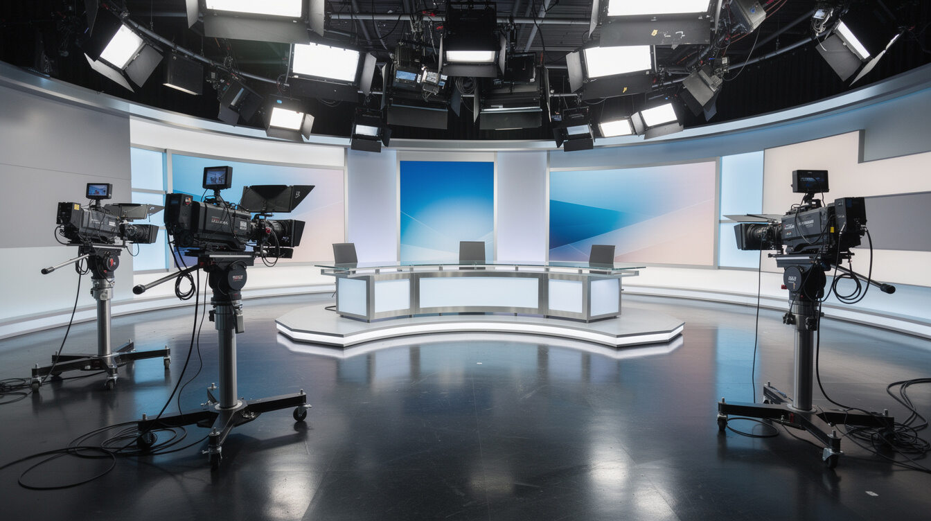 Empty television studio set with lighting rig and cameras