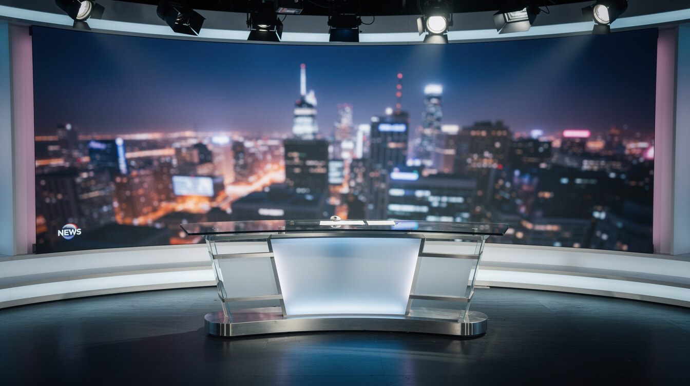 News broadcast anchor desk set with studio lighting